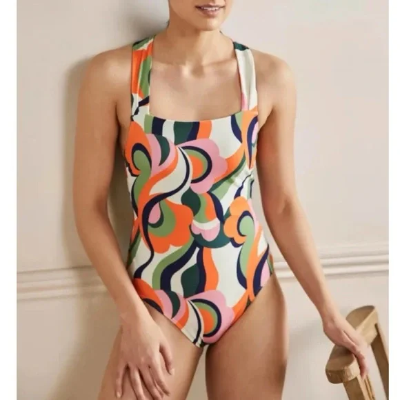 Boden Cross Strap One Piece Swimsuit 12 Retro 70s Floral Print Pool Beach S0215 - Picture 1 of 12